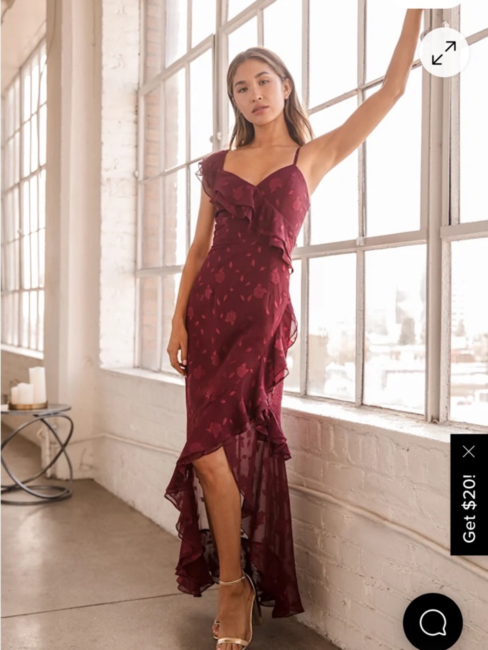 Lulus Forever Be Burgundy Floral Jacquard Ruffled Maxi Dress